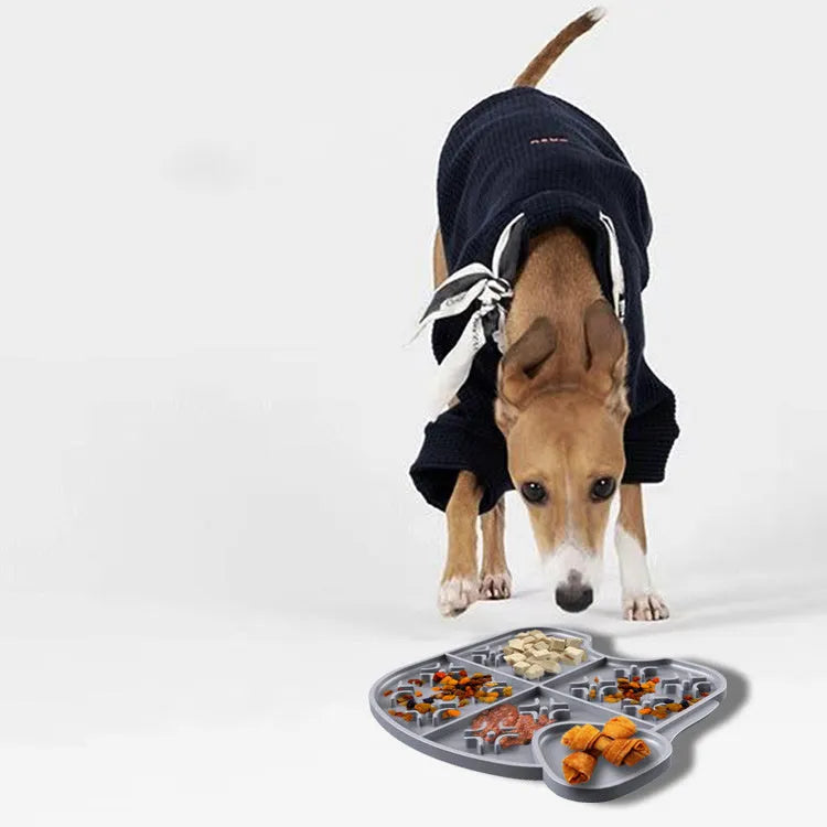 Gray silicone pet slow food pad with suction cups under a pet bowl