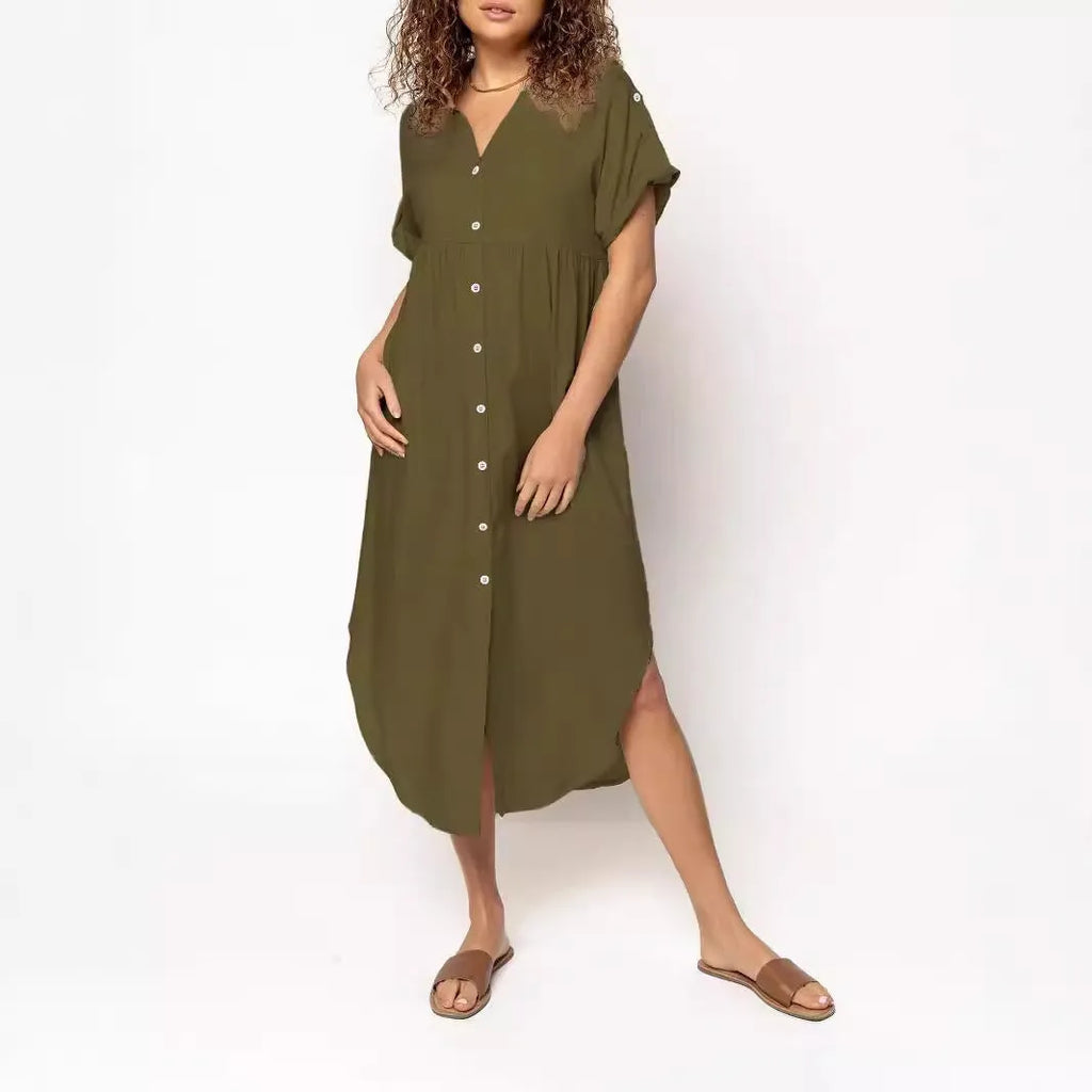 Women's loose fit casual dress with button front and mid-length skirt in solid colour.