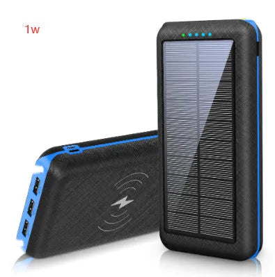 Solar power bank with wireless charging surface, three USB ports, and LED flashlight in black colour
