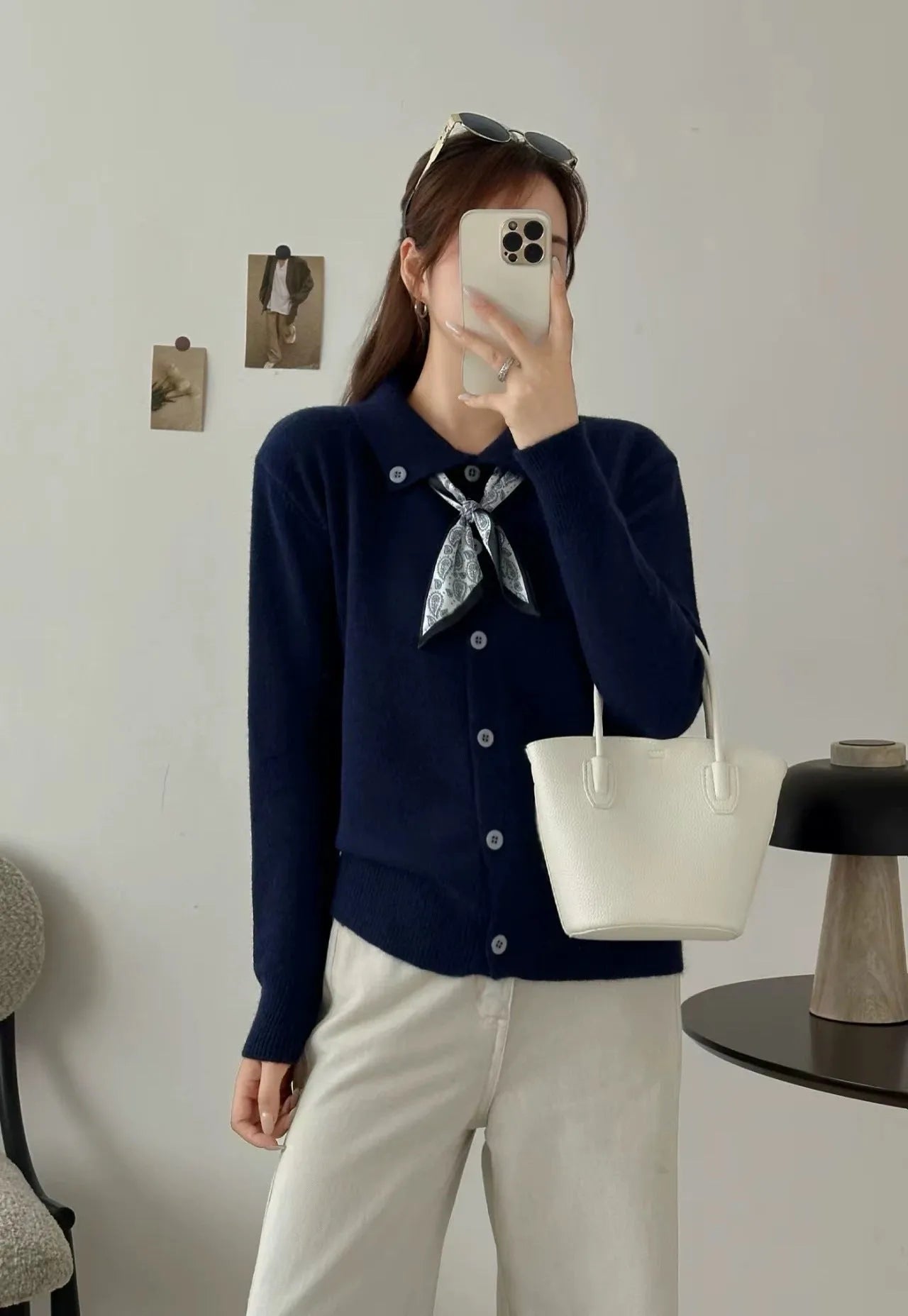 Lapel scarf cardigan sweater in free size with integrated scarf and regular long sleeves