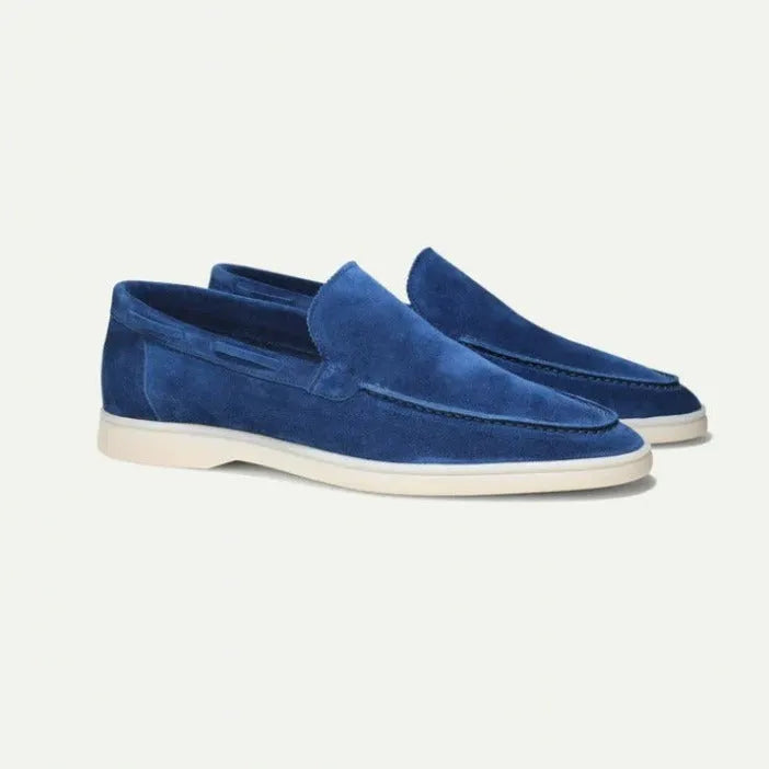 Men's matte suede flat shoes in sky blue with rubber sole and round toe