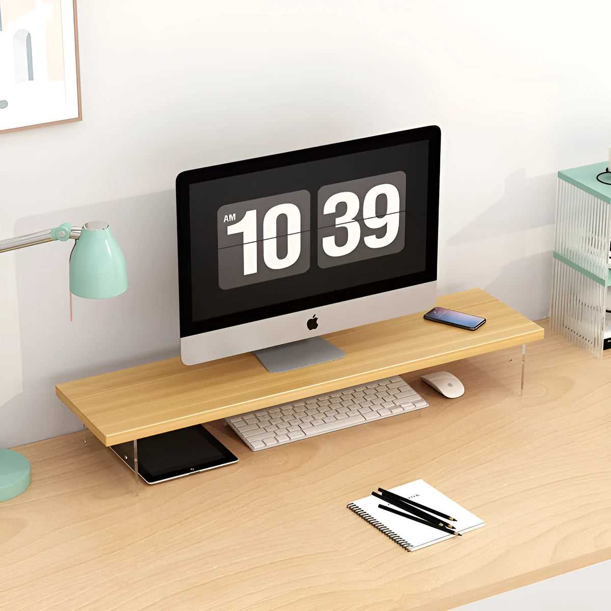 Wooden computer riser stand with acrylic legs, single-layer desk organiser in black or white, 40cm to 120cm