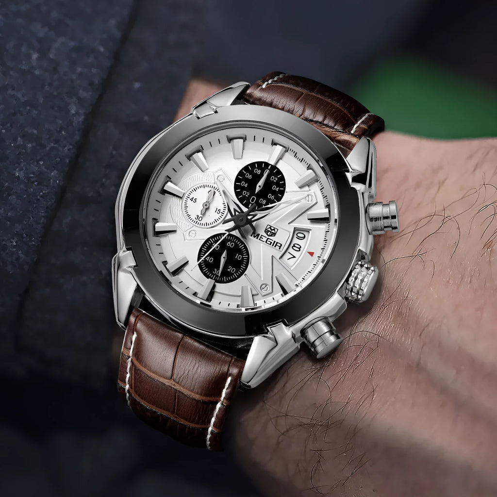 Men's multifunctional quartz chronograph watch with luminous markers on a brown and white dial.