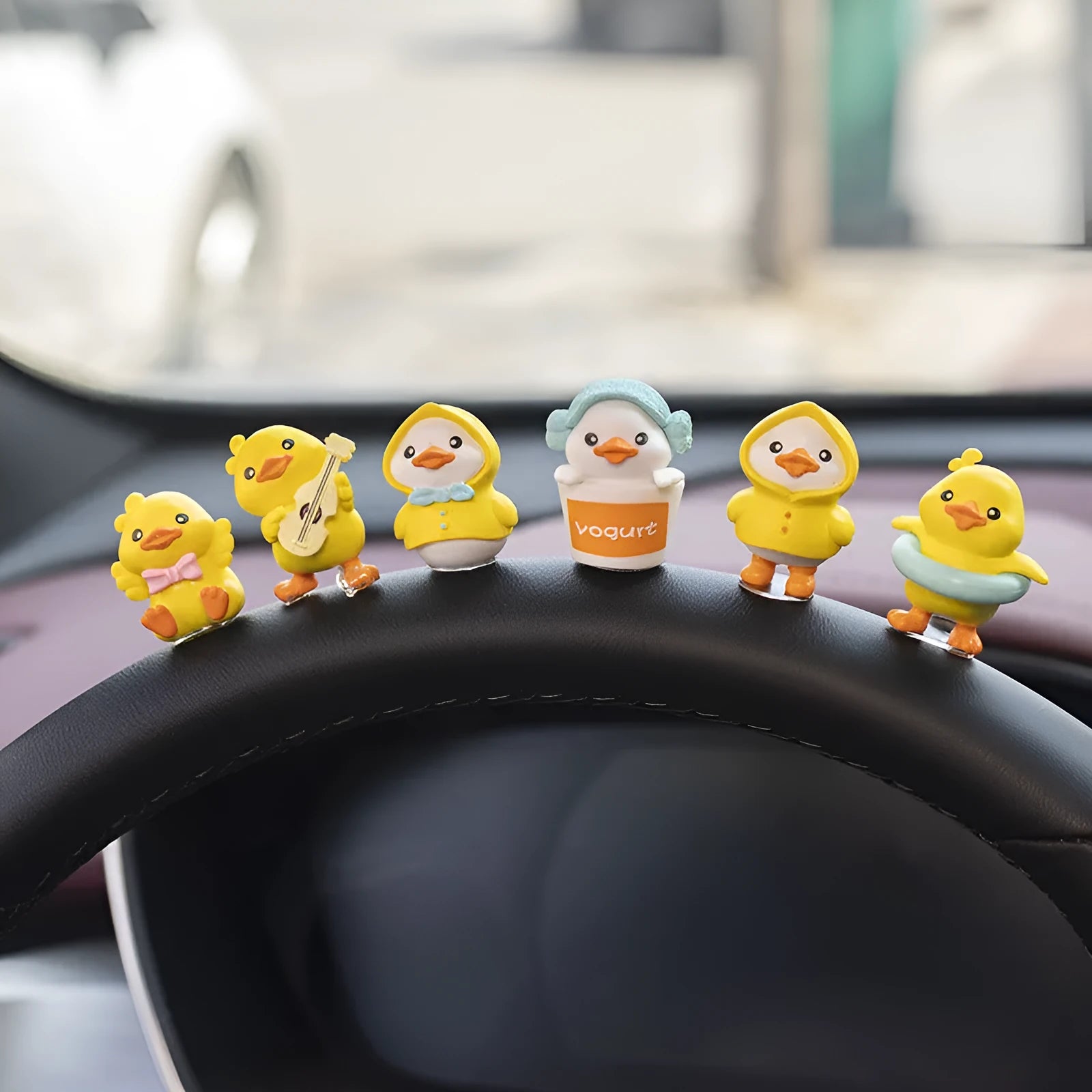 PVC duckling car interior decoration set with 6 cartoon duck figures and 1 sign label