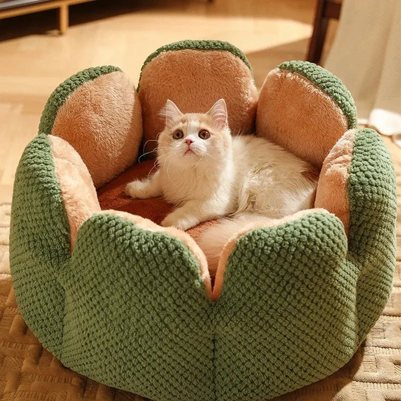 Cactus petal shaped plush pet kennel in green colour with enclosed sleeping space