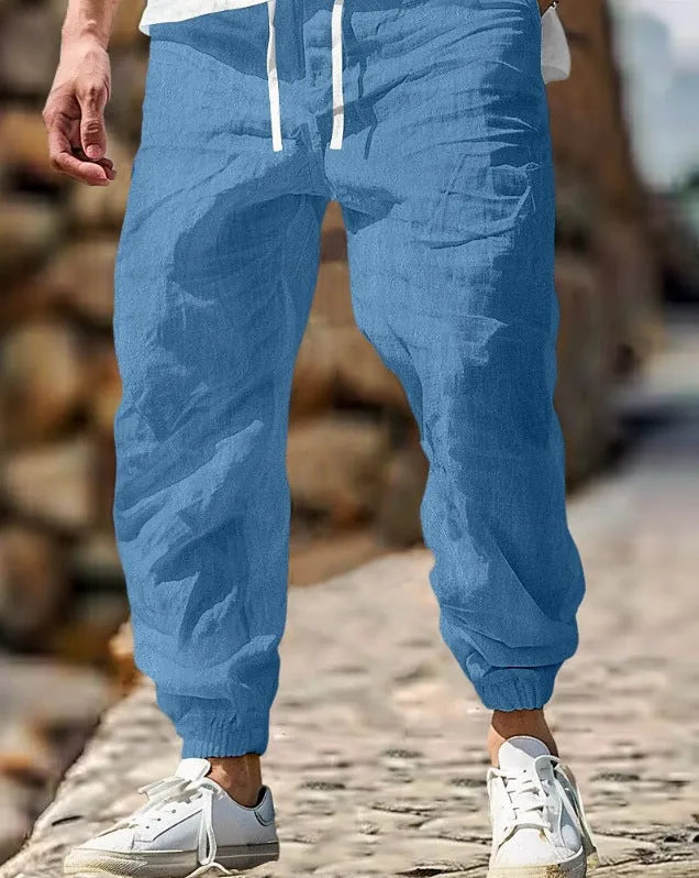Men's straight leg cotton trousers with elastic waistband in seven colour options