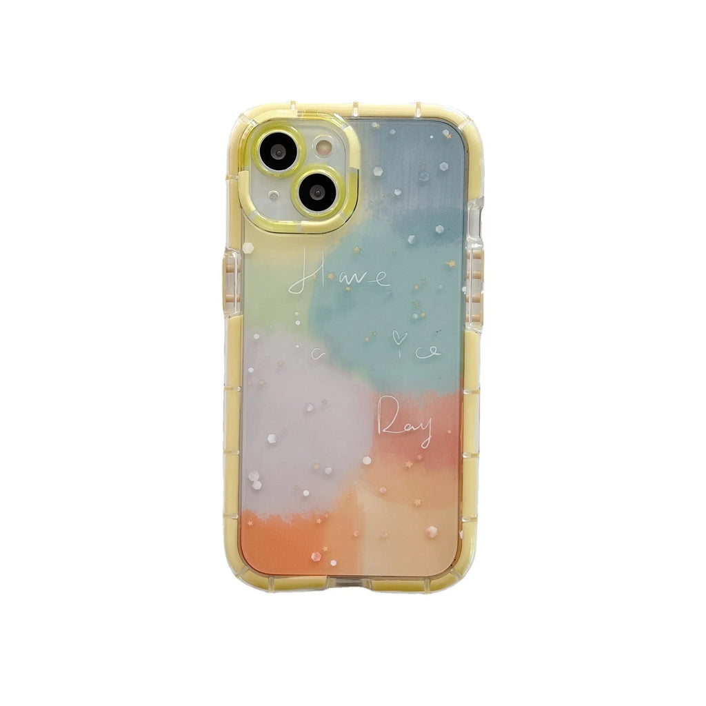 Minimalist iPhone 14 silicone case with a yellow contrast colour edge on a white background.