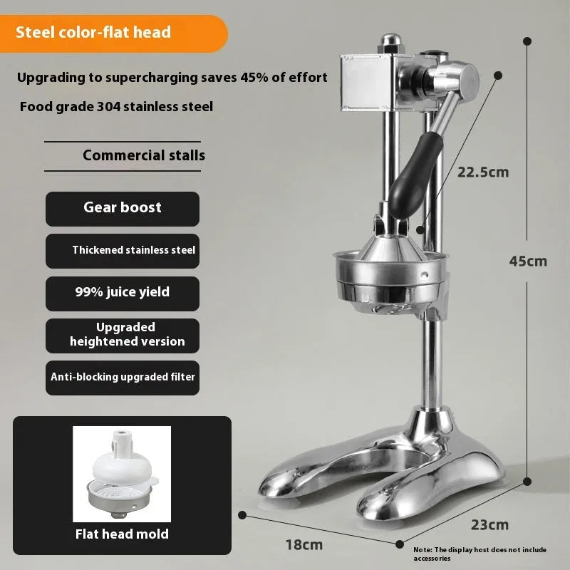 Vertical stainless steel manual citrus juicer shown in selected colour with chosen head style: pointed, flat, or double.