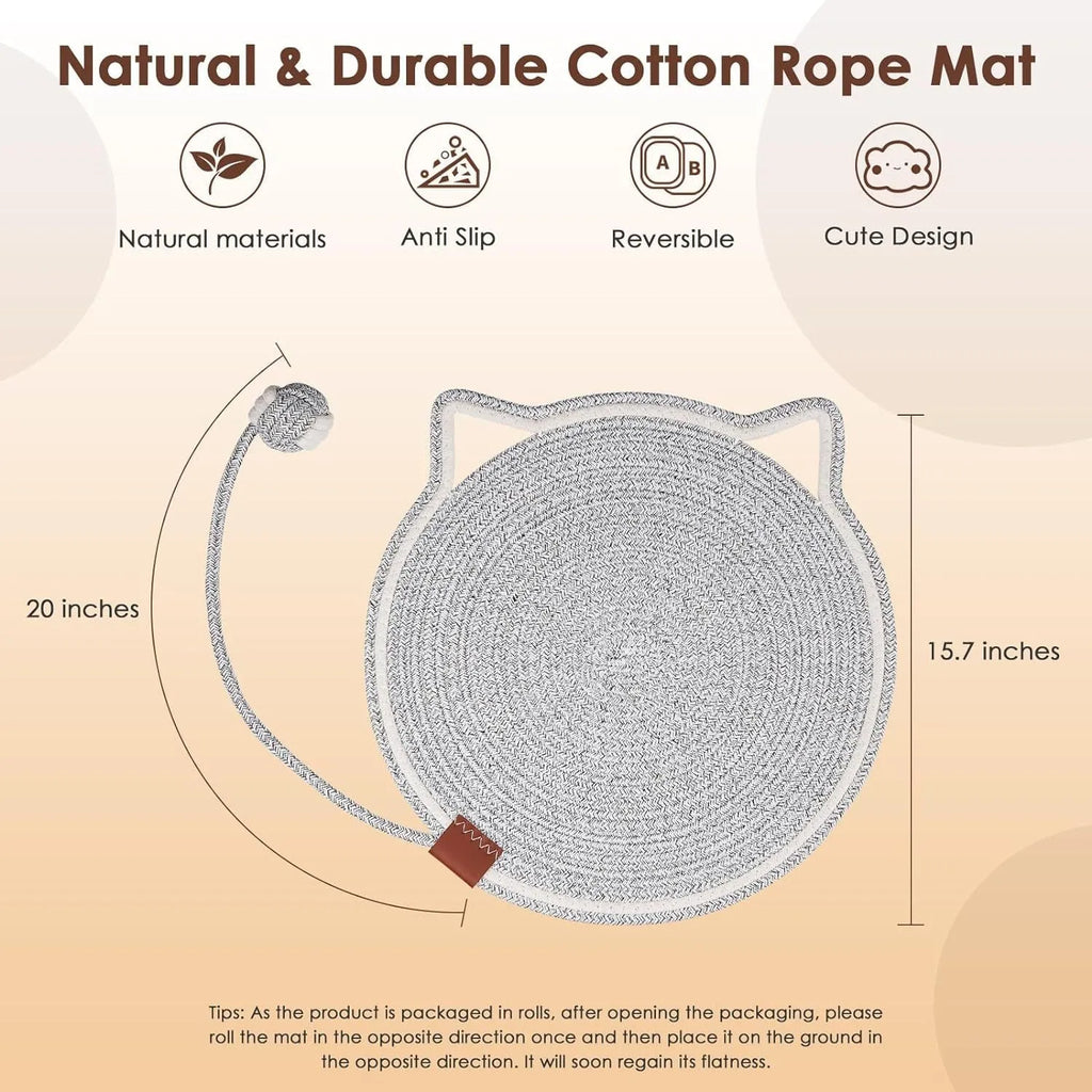 Round natural cotton rope cat scratcher mat with hanging ear and cat ball toy, sizes M 50cm and S 40cm.