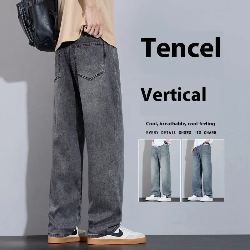 Lightweight ice silk denim straight-leg trousers in vintage blue with a zip-fly opening.