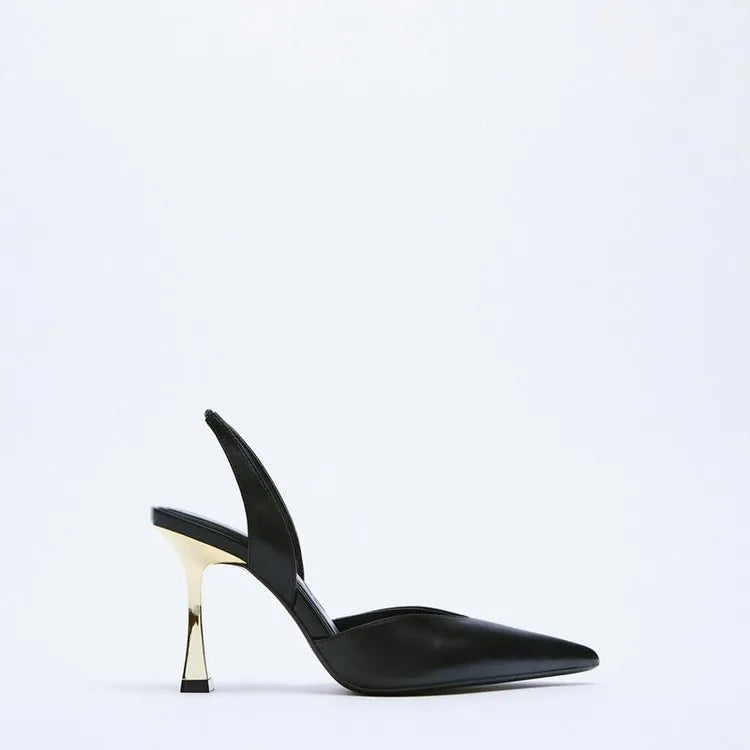 Women's apricot patent leather pointed-toe high heels with a shallow mouth design on a white background.
