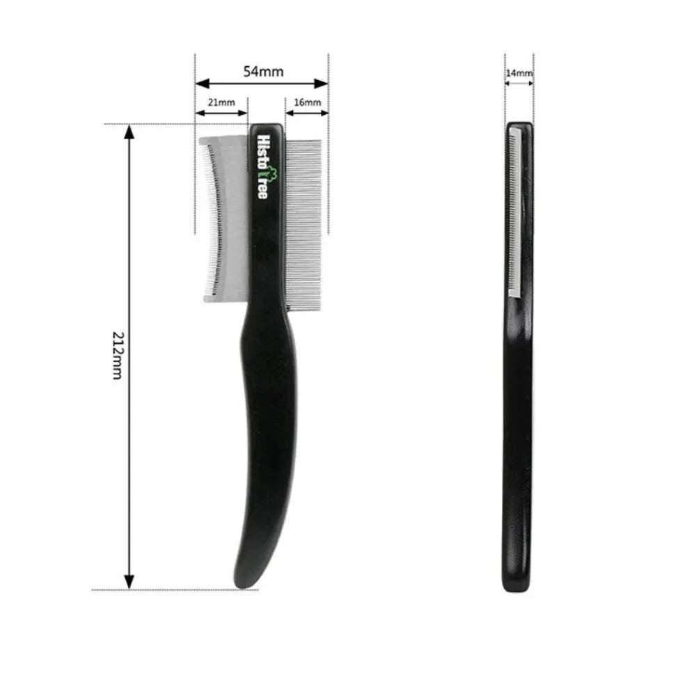 Black double-sided pet grooming comb with wood handle and stainless steel teeth