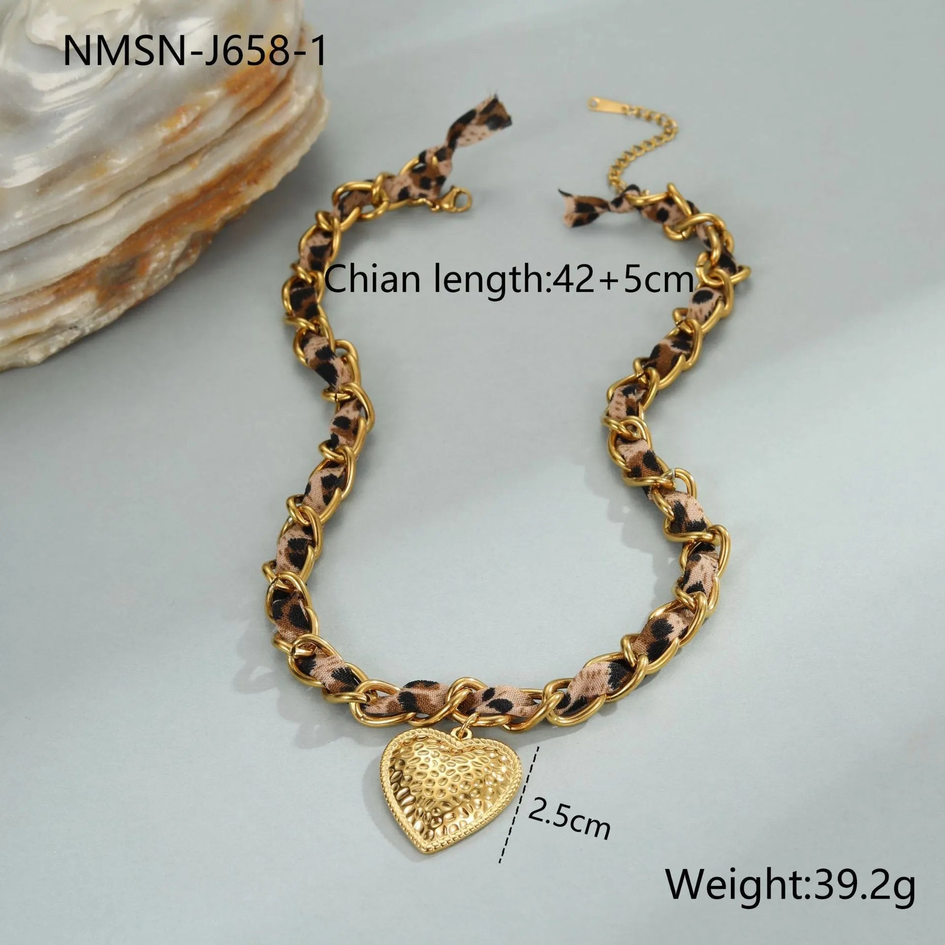 Leopard print geometric heart pendant on a stainless steel chain with adjustable length