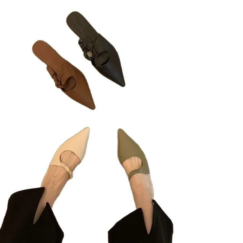 Women's leather-lined semi-toe box slippers with spring design and rubber sole in four colour options