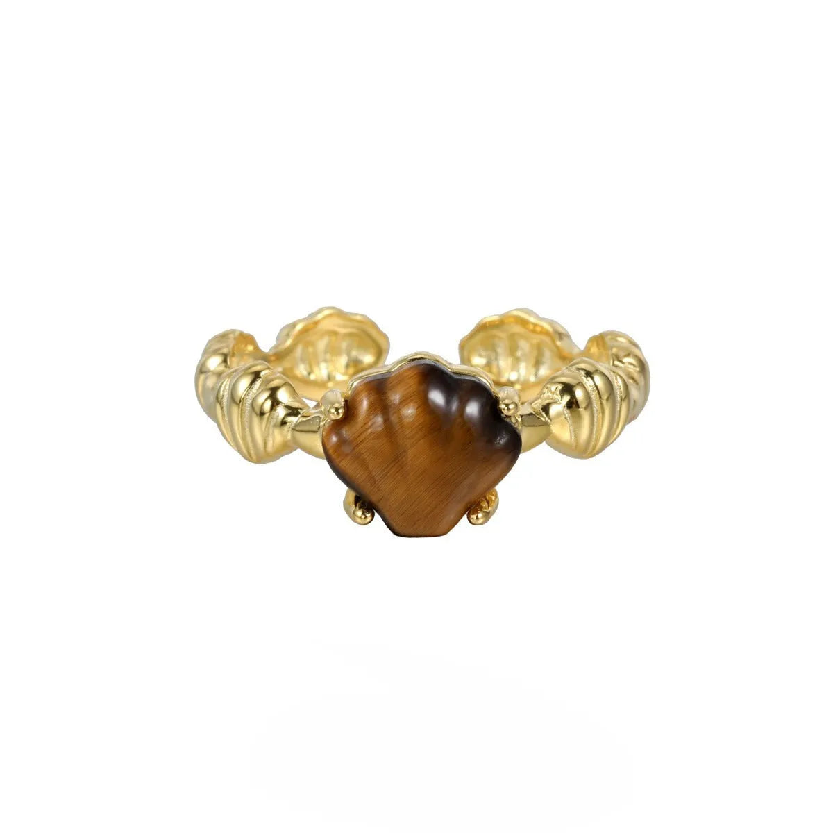 Women's adjustable silver ring with a shell tiger eye design in white gold or 18K gold colour plating.