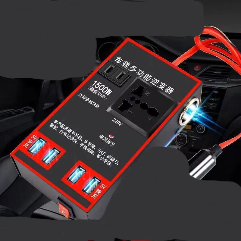 Black automotive power converter for 12V/24V to 220V conversion with AC socket and four USB ports