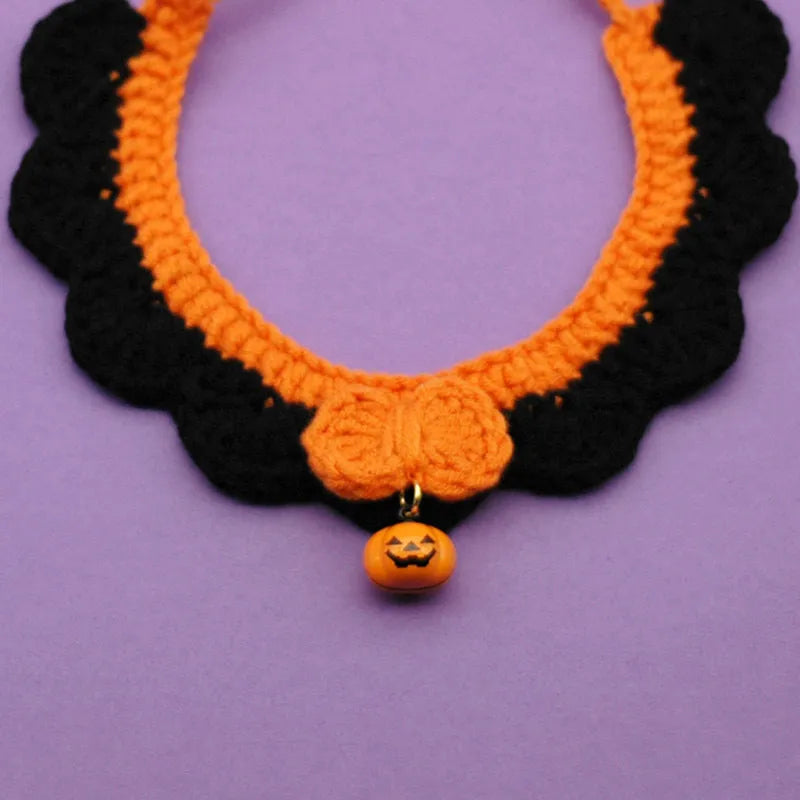 Hand-crocheted wool Halloween pet collar in pumpkin colours with adjustable sizing for cats and dogs
