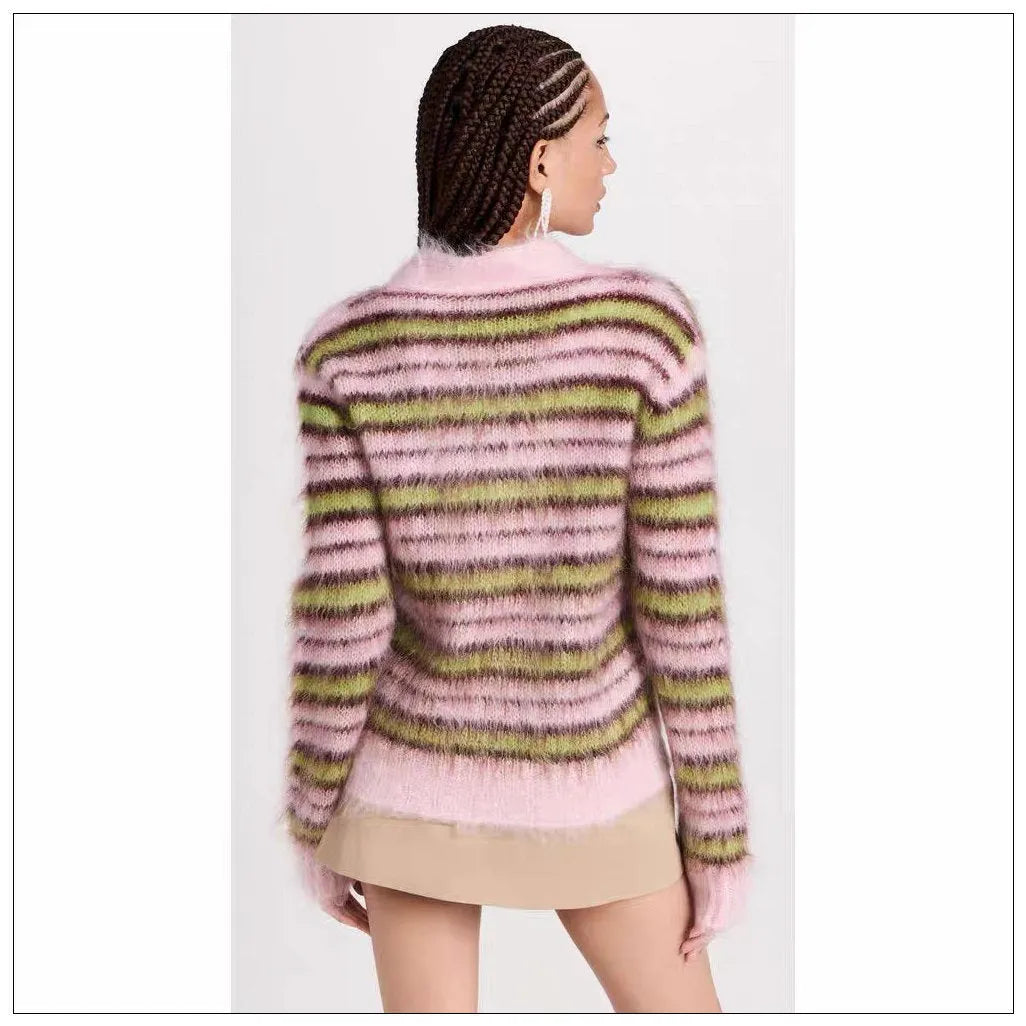 Pink wool knitted cardigan sweater with contrast colour elements and regular sleeves
