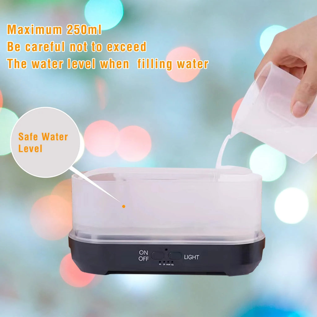 Square desktop aromatherapy humidifier with colourful snowflake wood grain pattern and flame effect lighting