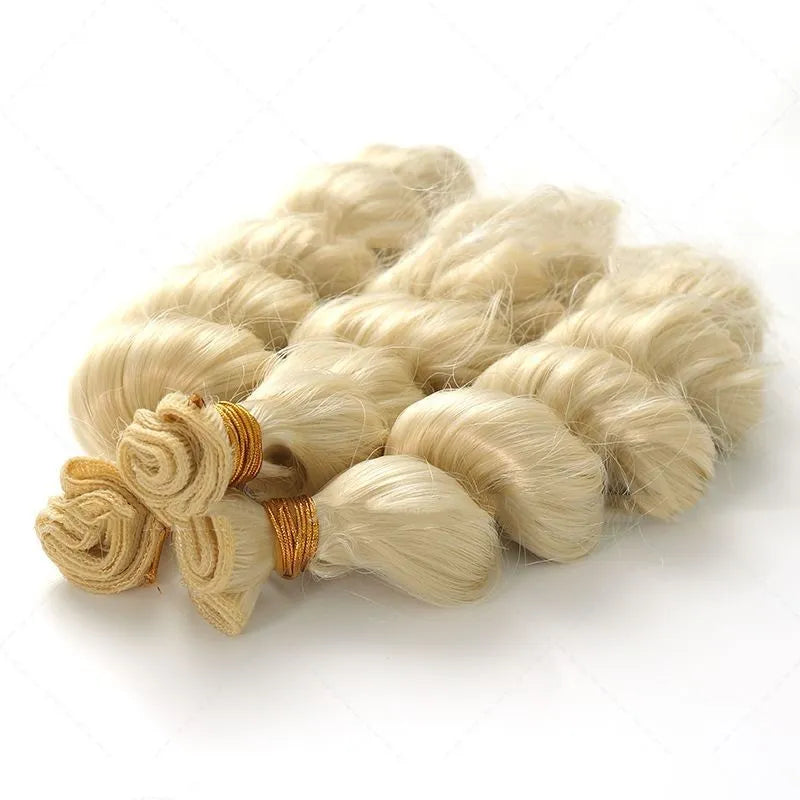Golden blonde synthetic weft wig for women, shown in long style.