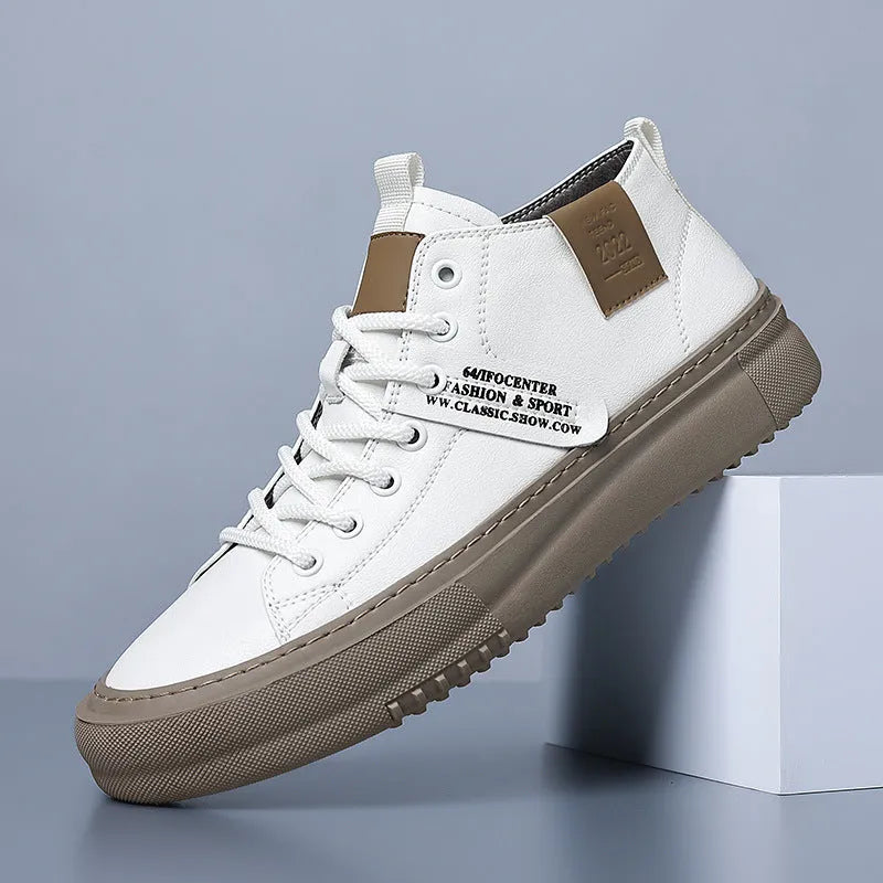 Men's middle top leather lace-up casual shoes with rubber sole, round toe and flat heel, in black or white