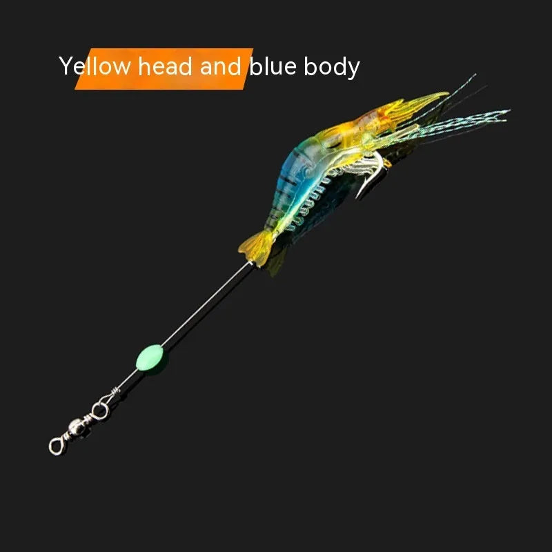 Luer soft fishing lure with integrated hook showing colour variations including black head yellow body and luminous options