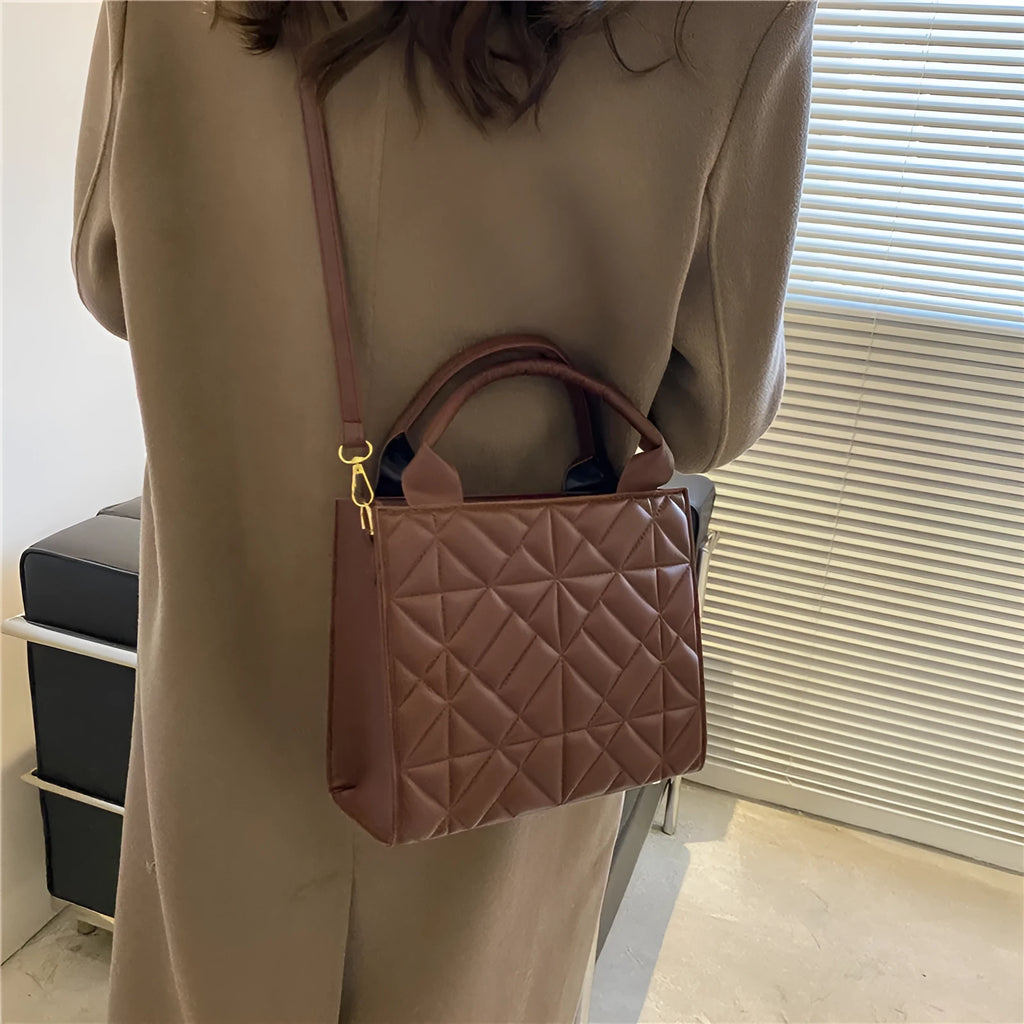 Simple portable large capacity shoulder bag for women retro PU solid colour double straps sandwich pocket