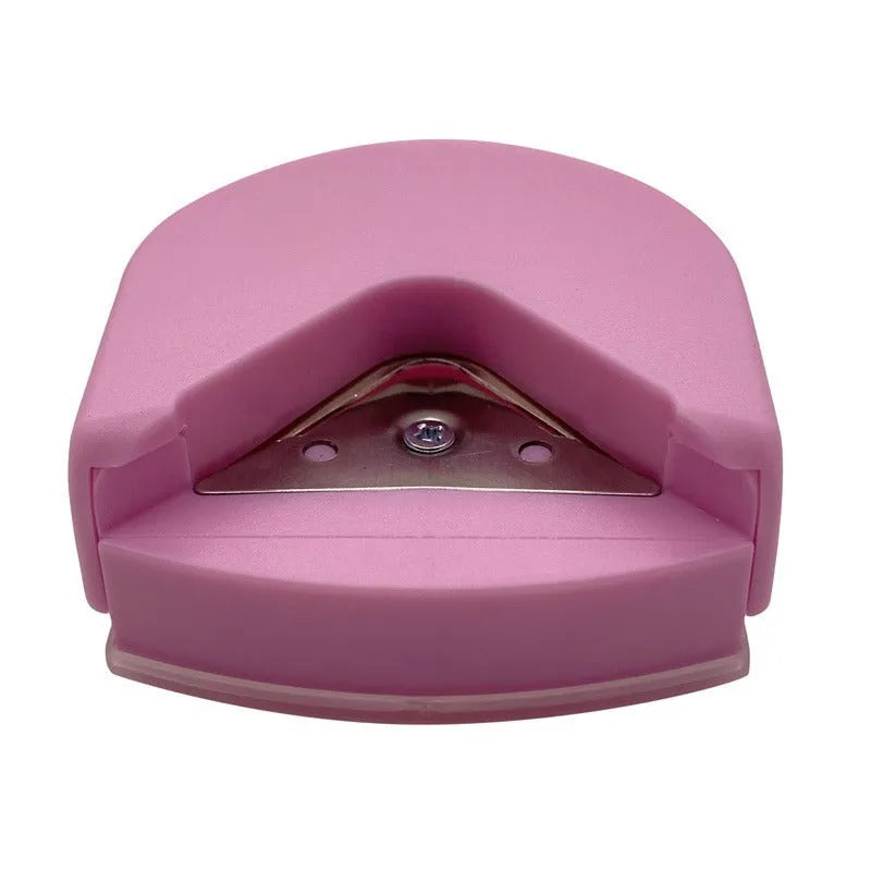 Business card corner cutter in black, blue, or pink colours showing plastic and metal construction