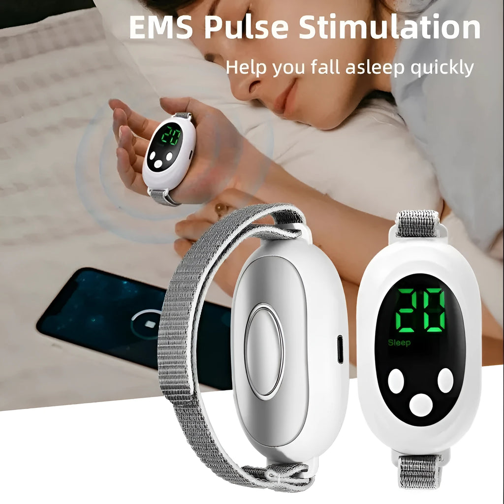 White handheld sleep aid remote control device with charging cable and wristband.