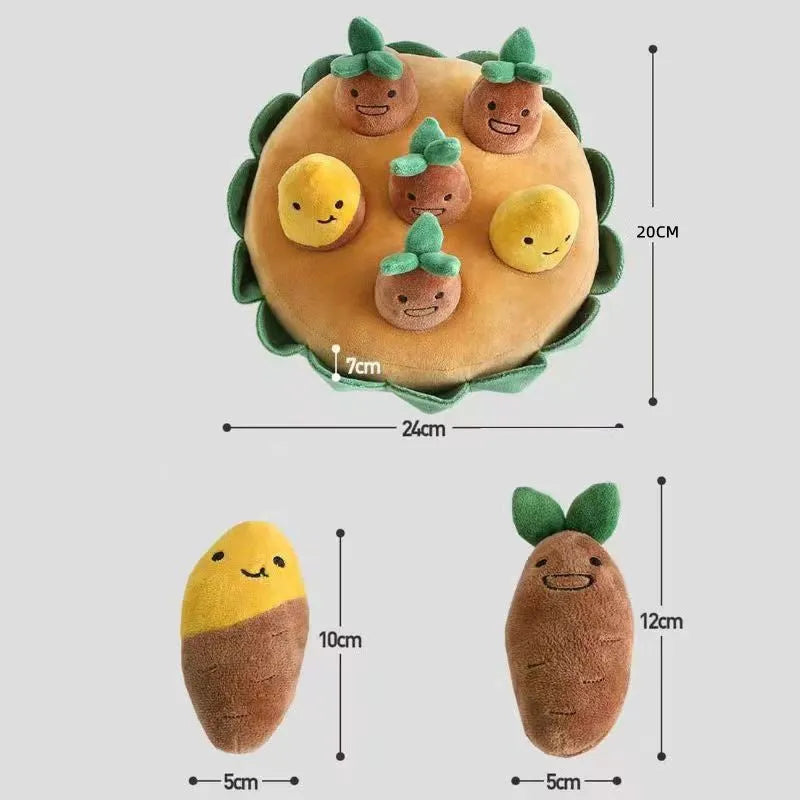Yellow interactive dog puzzle foraging pad with removable squeaky plush toys on a 40 cm square polyester base.