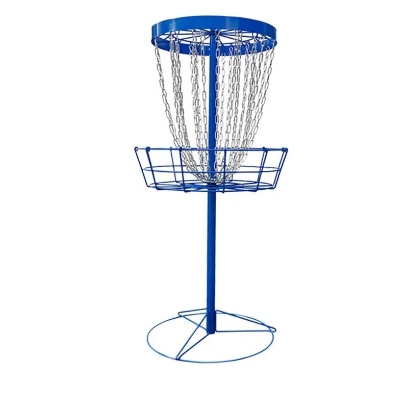 Golf chain rack blocking net with iron frame and 24 chains on grass outdoors