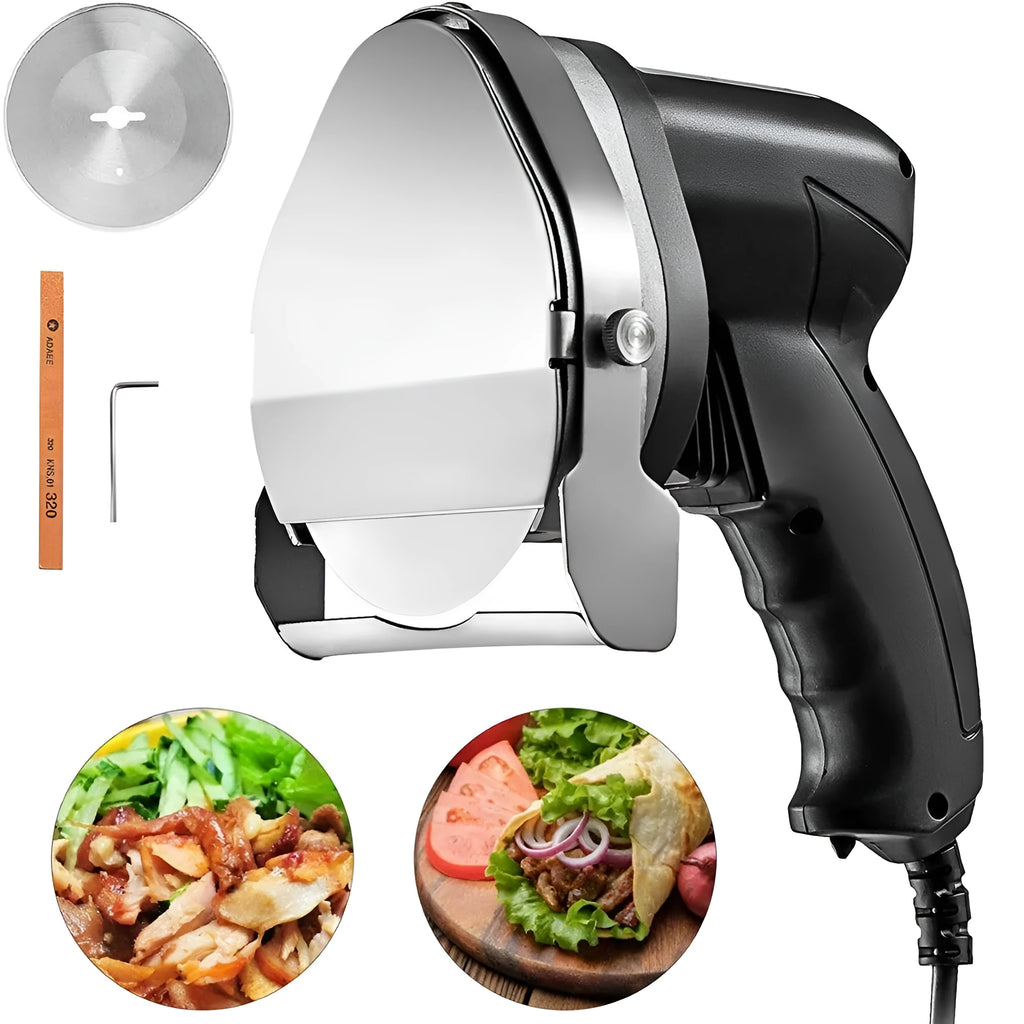 KS-100E black electric meat cleaver with stainless steel blade, dimensions 150x200x270mm, for cutting meat for barbecue machines.