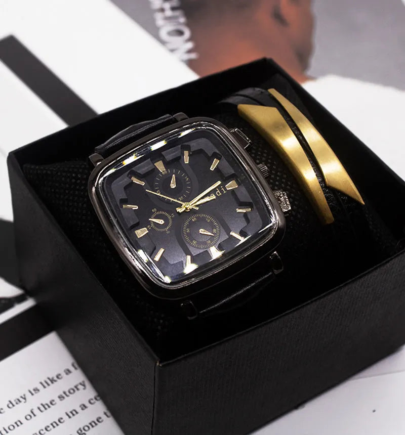Men's black quartz watch set with imitation leather strap and pin buckle in two-piece box