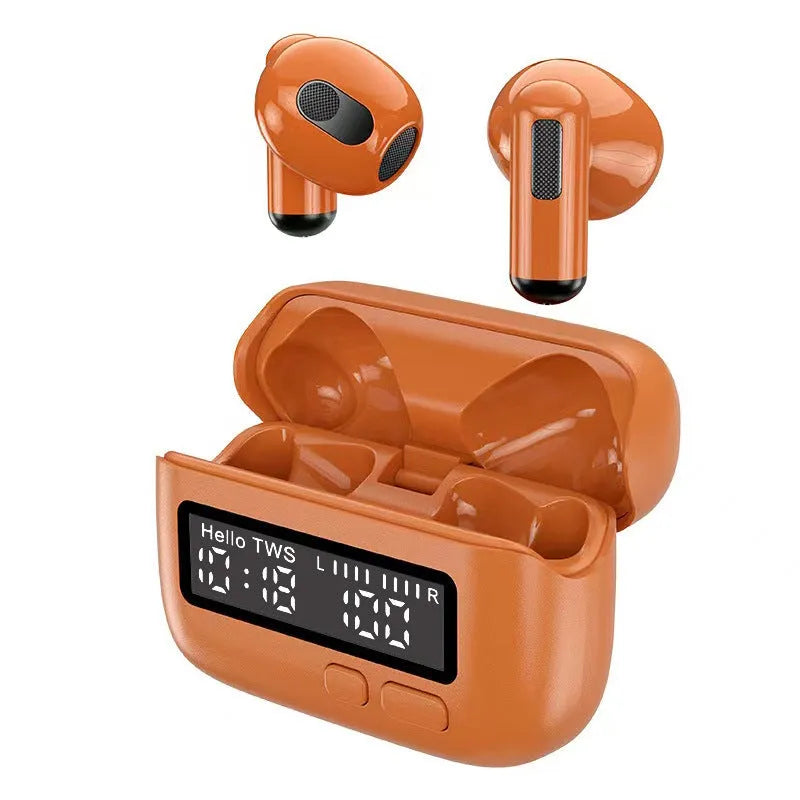 Portable wireless Bluetooth headset with digital display clock in Yuan Ye Green, 1990 Orange or Space Gray, PC ABS earplug style