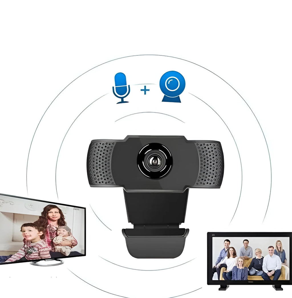 Black 2K HD USB webcam with built-in microphone, 45-degree tilt and 180-degree rotation, for desktop and laptop use.