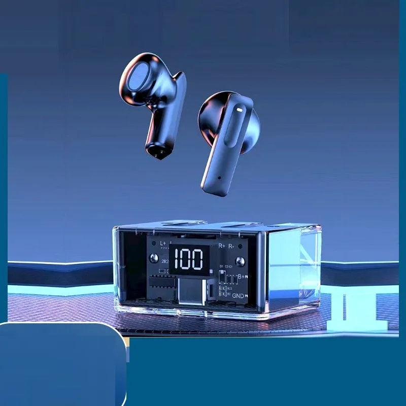 Transparent space capsule case true wireless headphones with digital battery display in multiple colours
