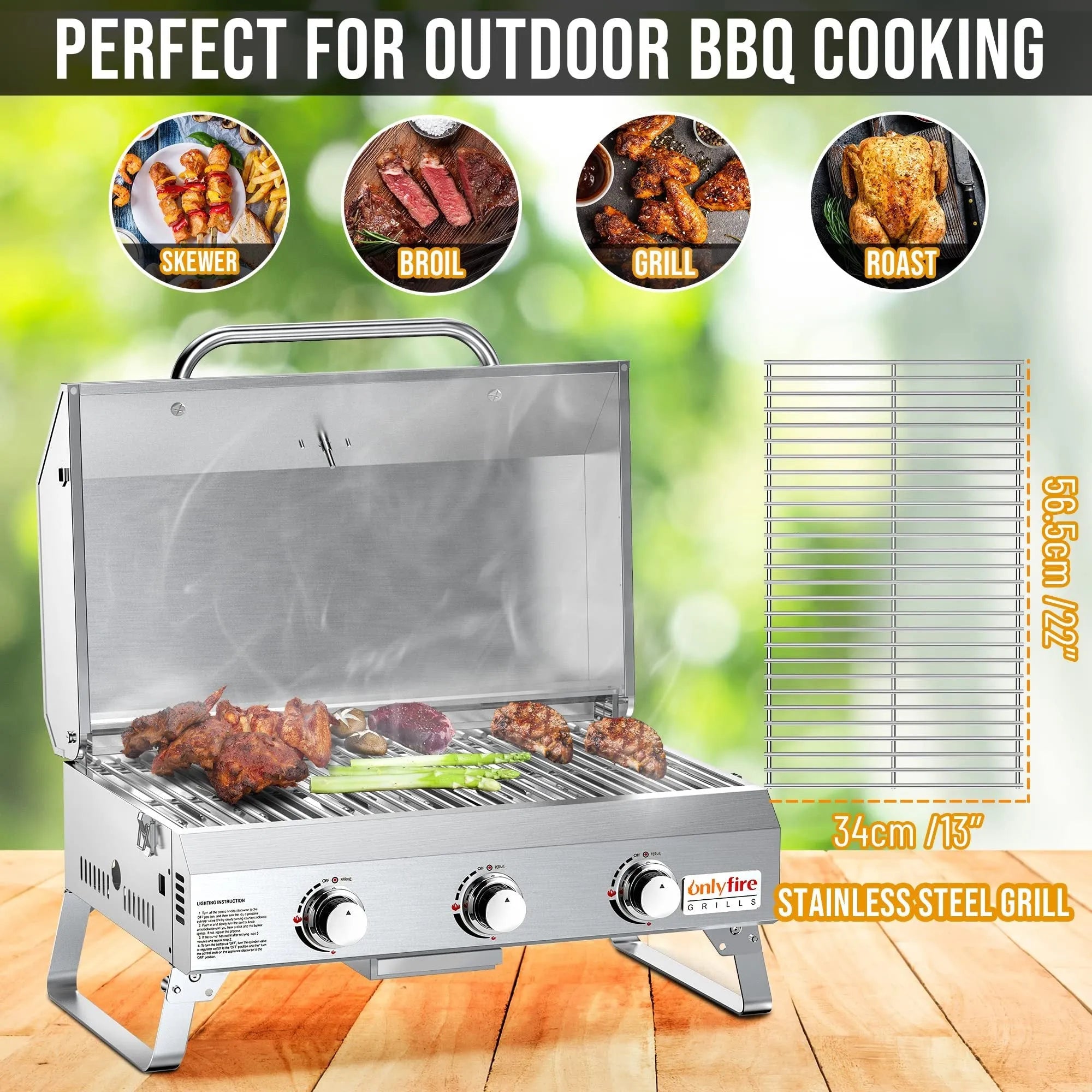 Silver desktop gas barbecue grill with three burners and foldable legs.