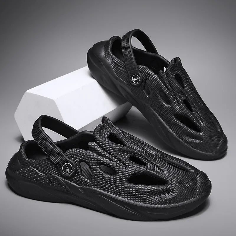 Men's breathable hollow EVA slippers in black with round toe and flat heel