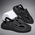 Men's breathable hollow EVA slippers in black with round toe and flat heel