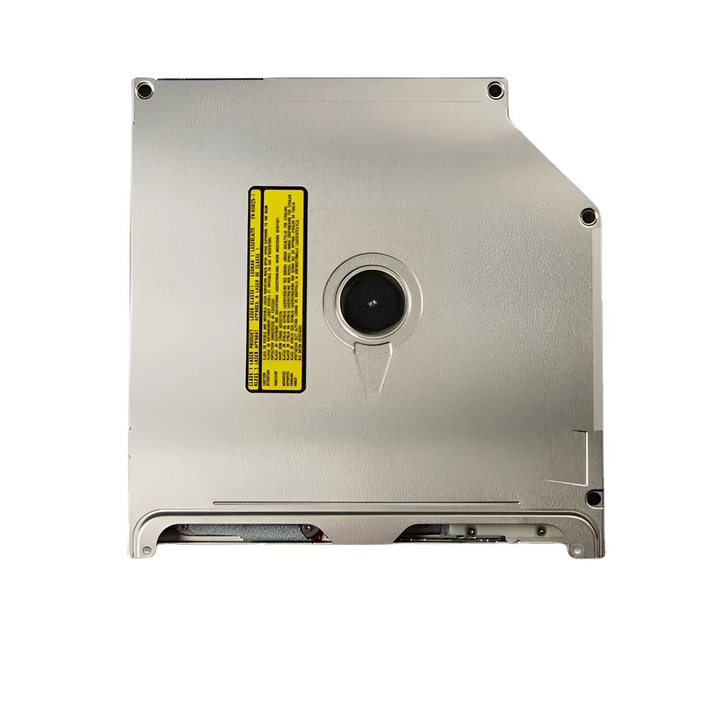 Silver SATA internal optical drive for Apple MacBook Pro laptop, showing dimensions.