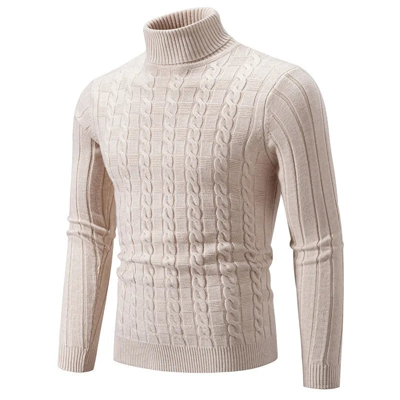 Man wearing a beige slim-fit chenille turtleneck sweater with a twist stitch texture.