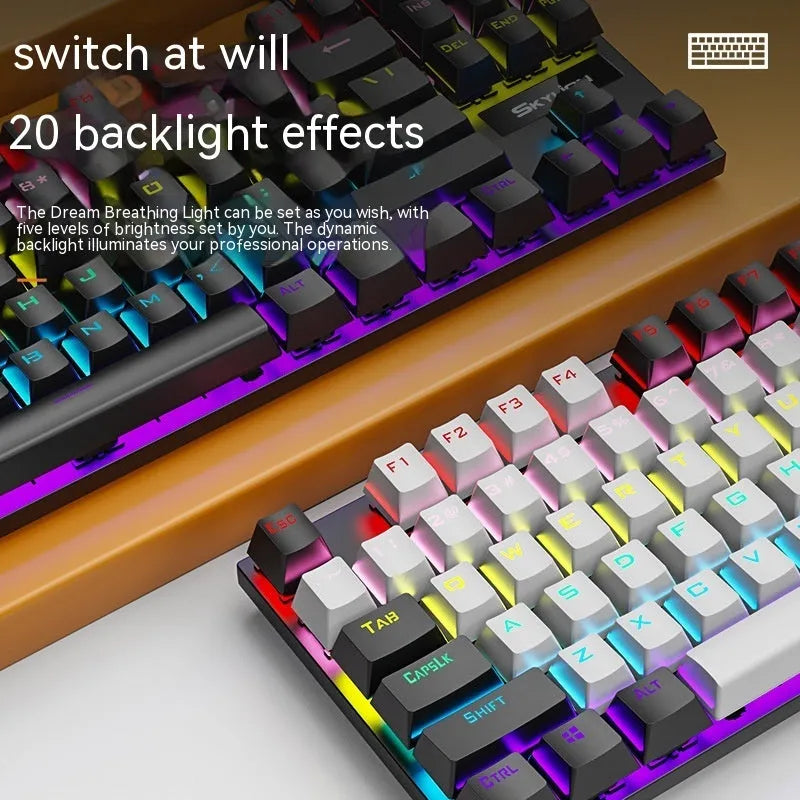 K87 wired mechanical gaming keyboard with metal base, shown in blue white colour with green mechanical switches.