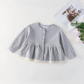 Grey baby long sleeve top with fake two-piece cardigan look and lace detail, cotton fabric, sizes 90cm to 130cm