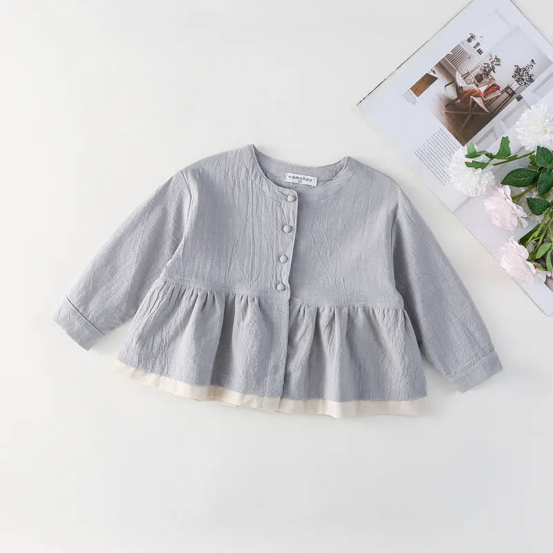 Grey baby long sleeve top with fake two-piece cardigan look and lace detail, cotton fabric, sizes 90cm to 130cm