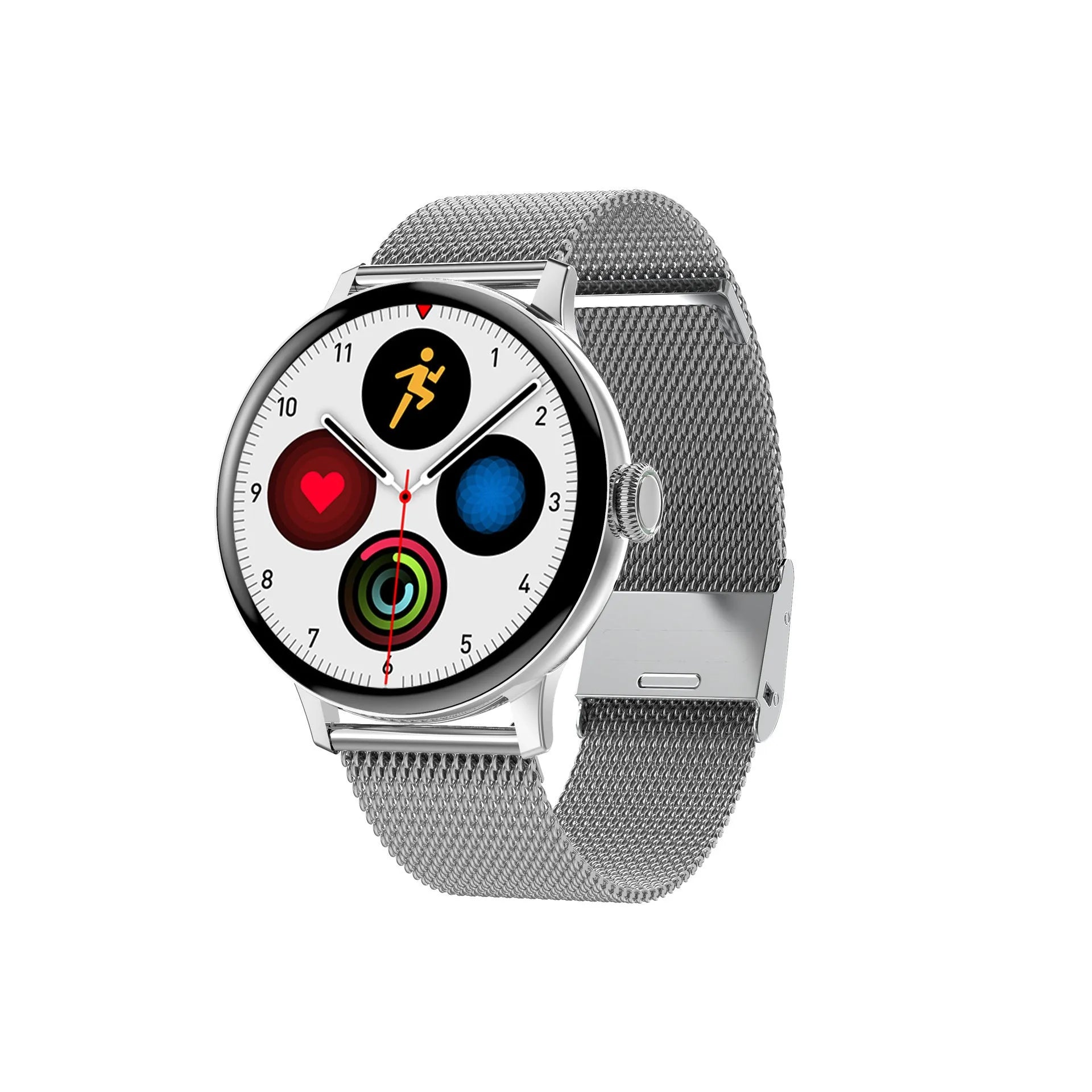 Bluetooth smart bracelet with circular touch screen on a black stainless steel bracelet, showing call and heart rate interface