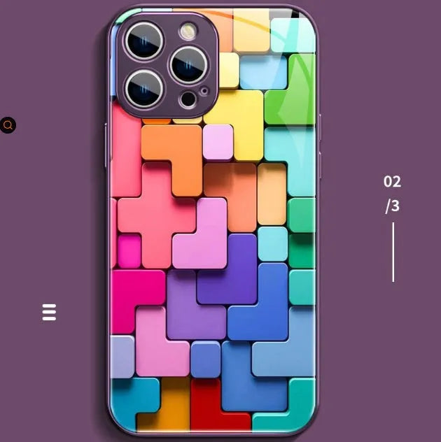Silicone iPhone case with geometric cartoon pattern on back, shown in black glass colour option
