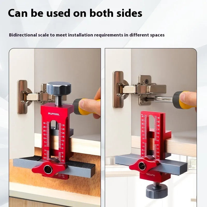 Aluminium alloy cabinet door installation aid tool for woodworking with 10mm drill bit.