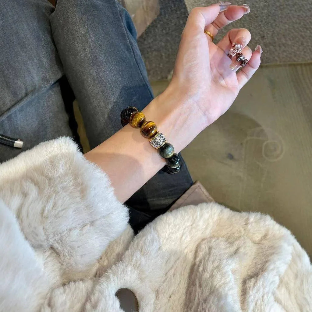 Women's tigereye silver stone double bracelet with gold inlay and U-shaped design