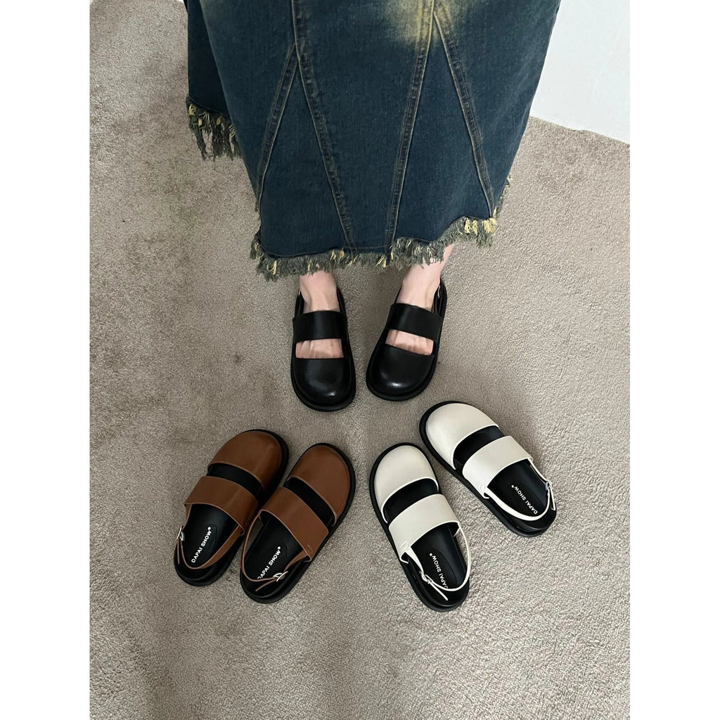 Women's retro Korean style sandals with an adjustable ankle buckle strap in black, brown, or apricot.