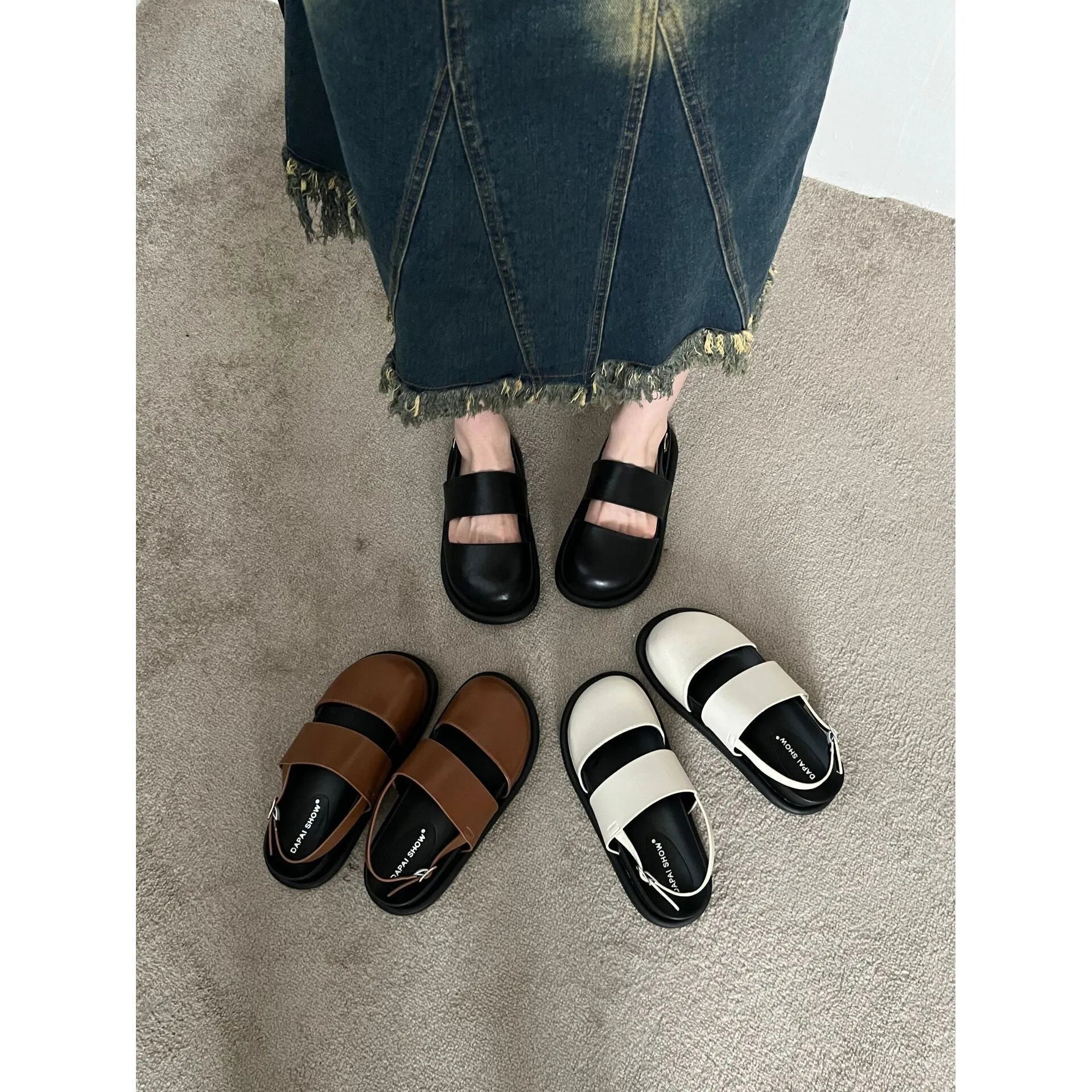 Women's retro Korean style sandals with an adjustable ankle buckle strap in black, brown, or apricot.